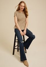 Smocked Peplum Top, KHAKI, small