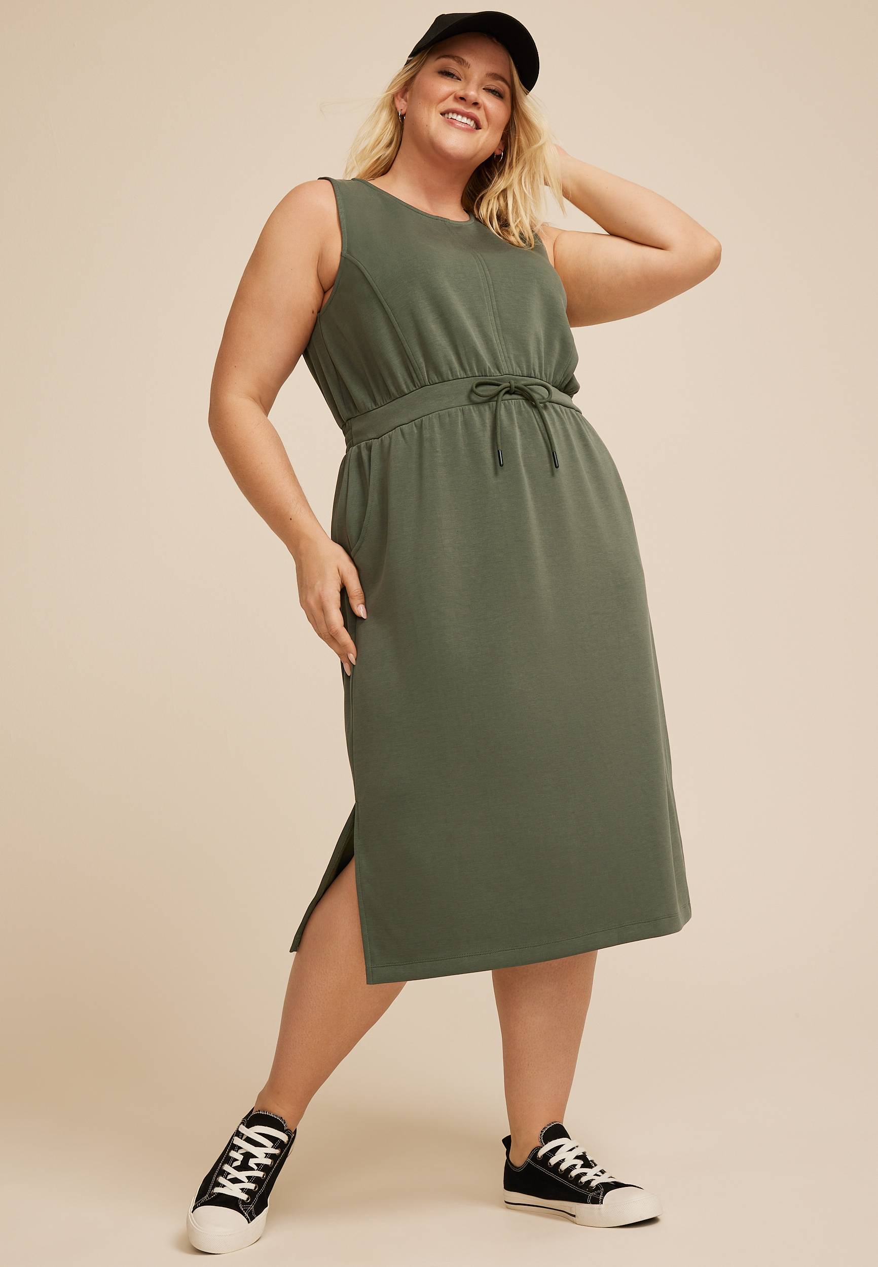 Plus Size Bare Tie Waist Athleisure Midi Dress, C3157, large