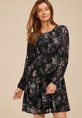 Floral Smocked Bodice Long Sleeve Mini Dress, C1756, small