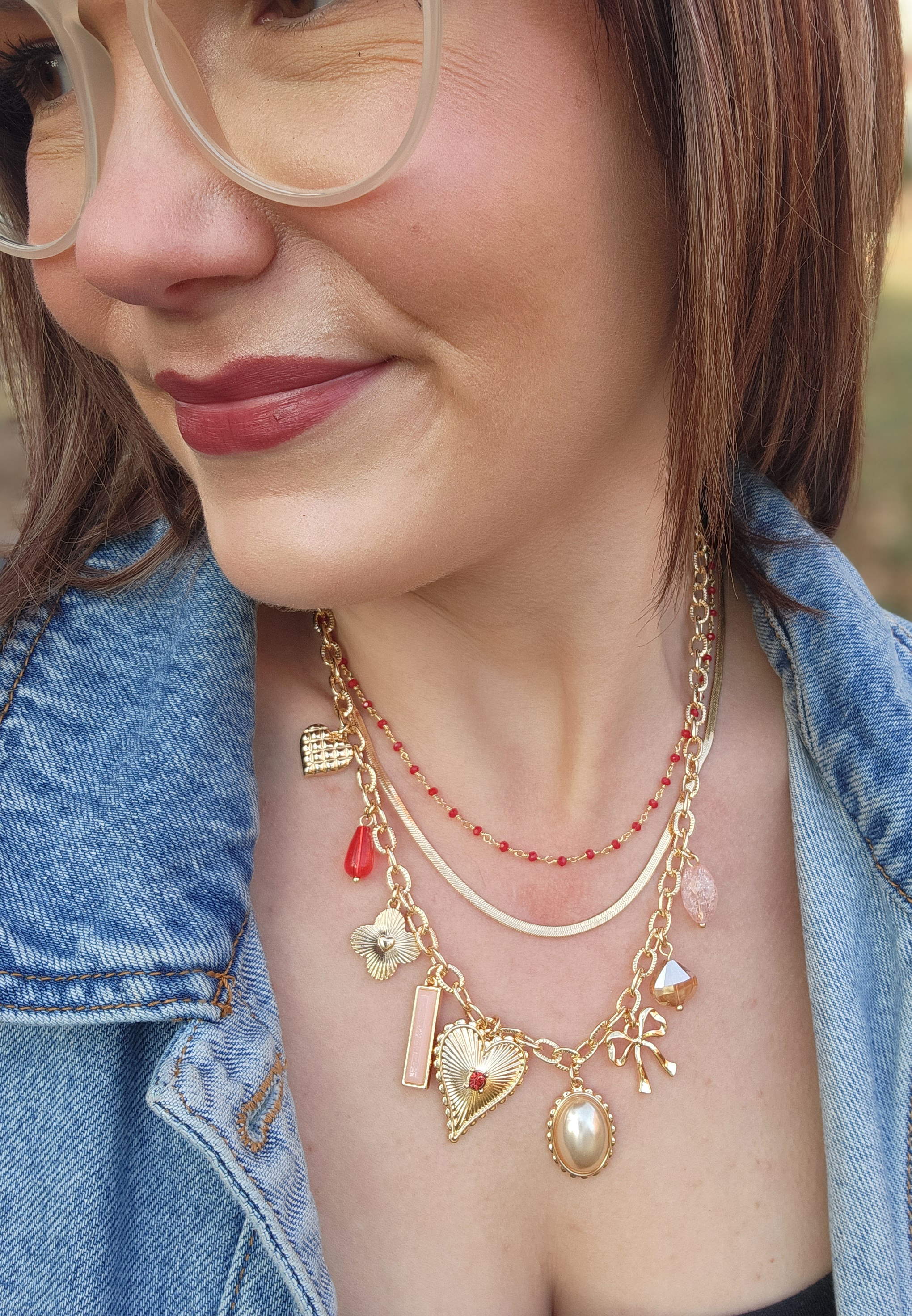 Everyday Layers Gold Red Beaded Necklace, C7543, large