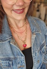 Red Studded Heart Oval Link Charm Necklace, C7543, small