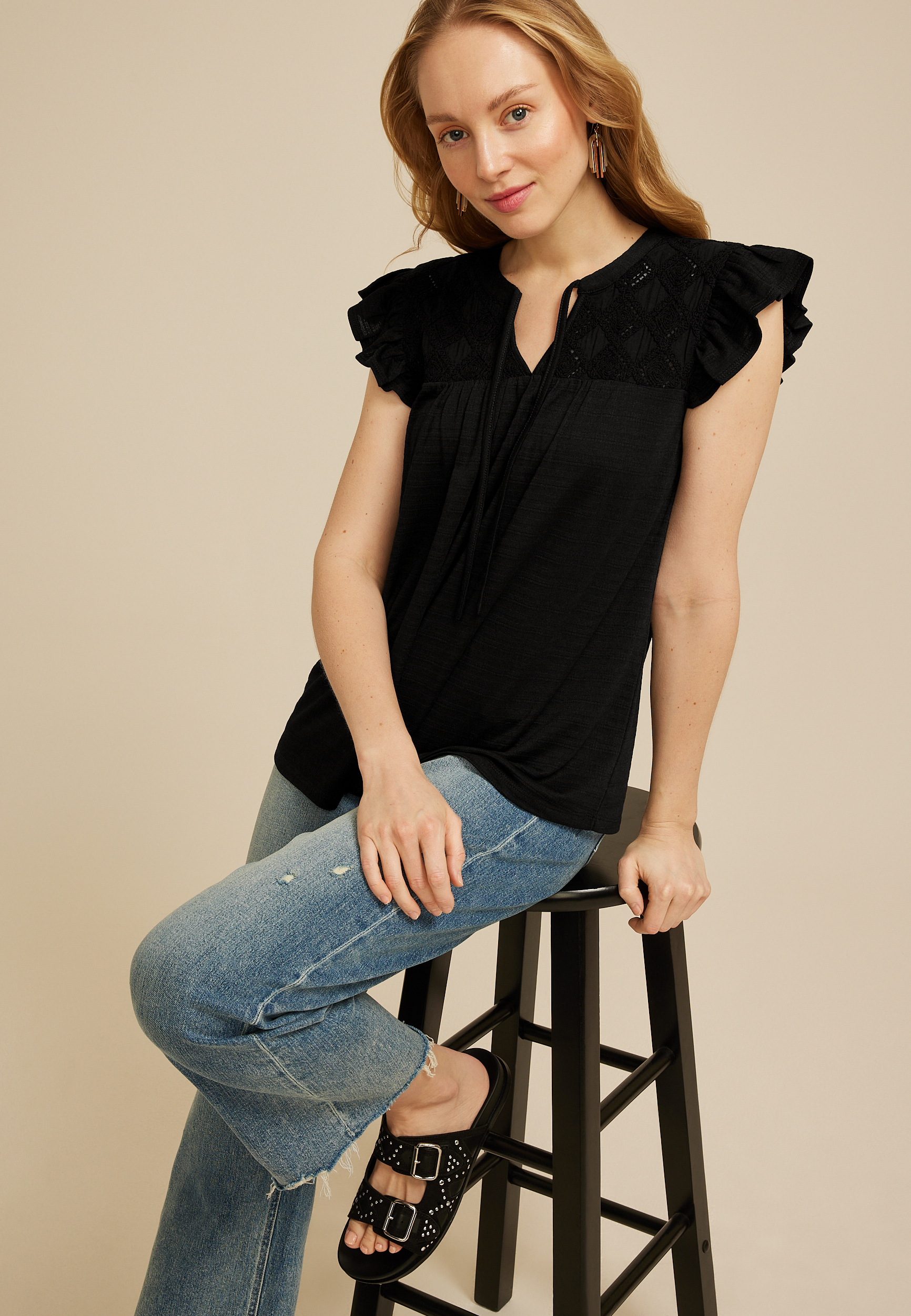 Crochet Yoke Ruffle Trim Top