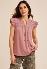Crochet Yoke Ruffle Trim Top, C1395, small