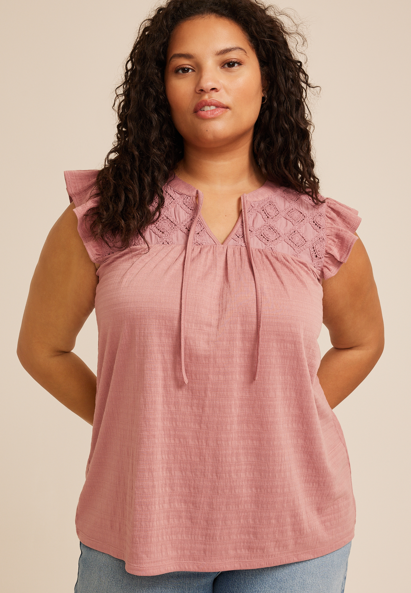 Plus Size Crochet Yoke Ruffle Trim Top