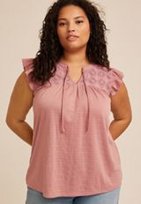 Plus Size Crochet Yoke Ruffle Trim Top, NOSTALGIA ROSE, small