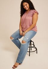 Plus Size Crochet Yoke Ruffle Trim Top, NOSTALGIA ROSE, small