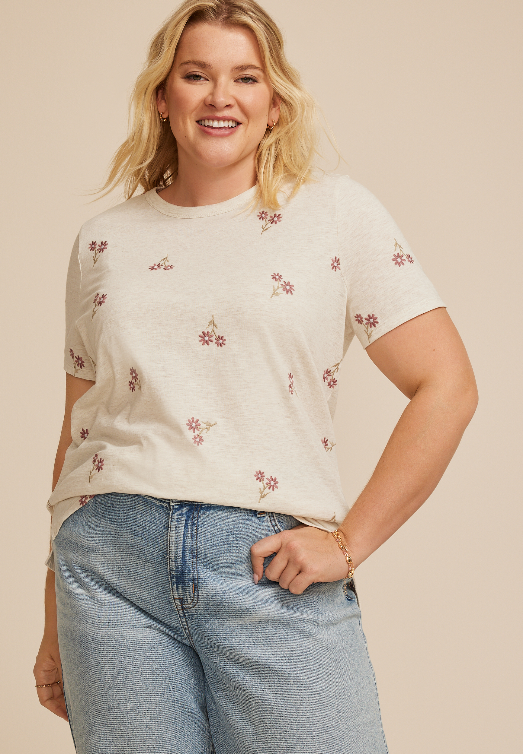 Plus Size 24/7 Dawson Floral Embroidered Crew Neck Tee