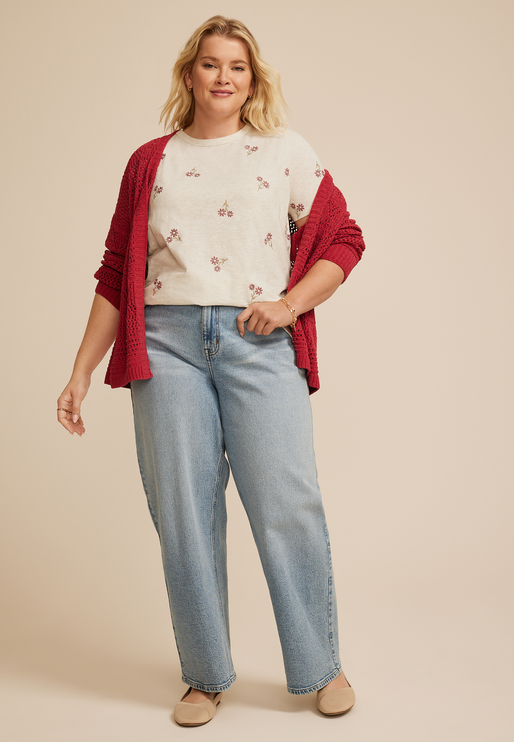 Plus Size 24/7 Dawson Floral Embroidered Crew Neck Tee, LIGHT OATMEAL HEATHR CMBO, large