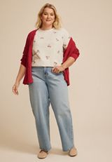 Plus Size 24/7 Dawson Floral Embroidered Crew Neck Tee, LIGHT OATMEAL HEATHR CMBO, small