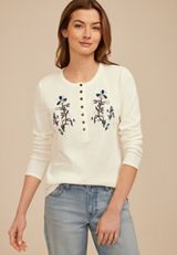 Floral Embroidered Henley Long Sleeve Tee, C9298, small