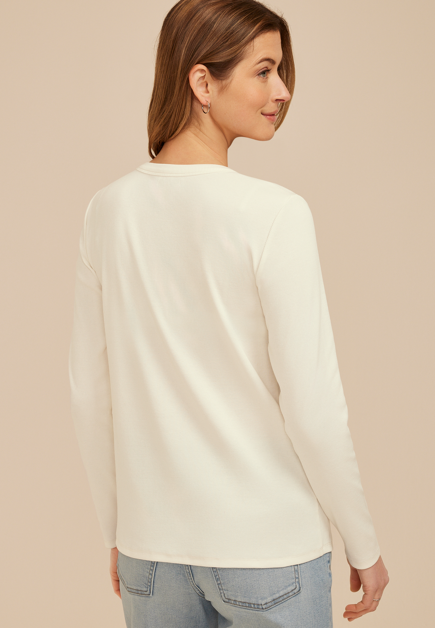 Floral Embroidered Henley Long Sleeve Tee, C9298, large
