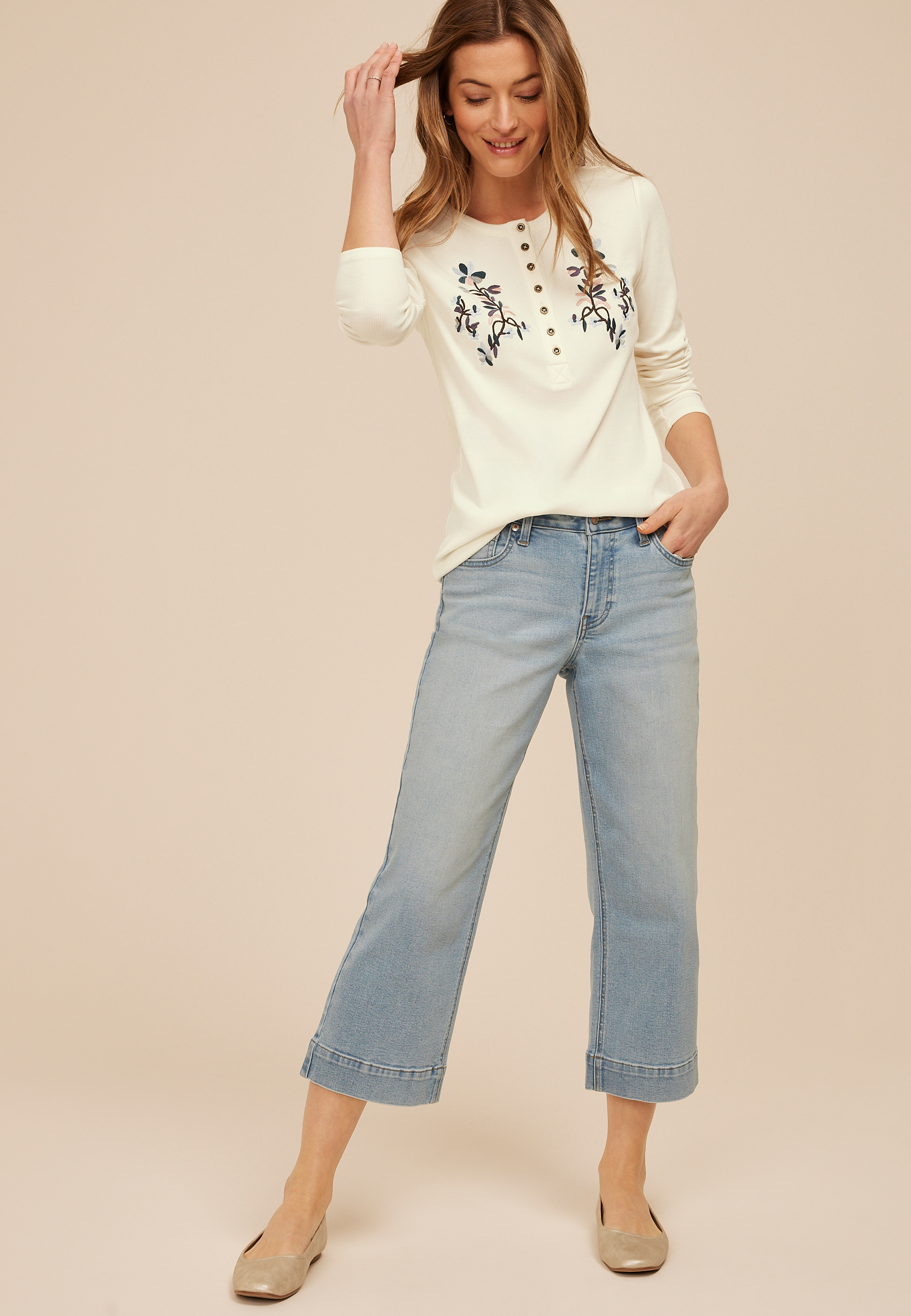 Floral Embroidered Henley Long Sleeve Tee, C9298, large