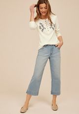 Floral Embroidered Henley Long Sleeve Tee, C9298, small