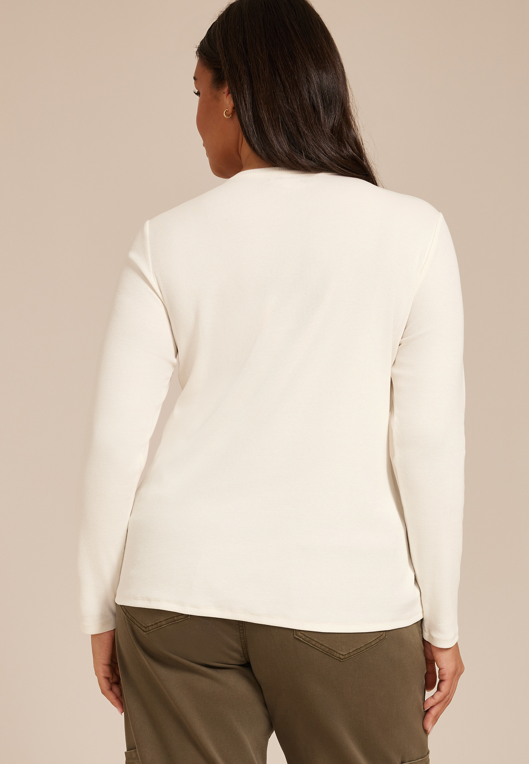 Plus Size Floral Embroidered Henley Long Sleeve Tee, C9298, large