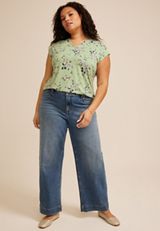Plus Size 24/7 Magnolia Floral V Neck Tee, SWAMP COMBO, small