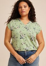 Plus Size 24/7 Magnolia Floral V Neck Tee, SWAMP COMBO, small