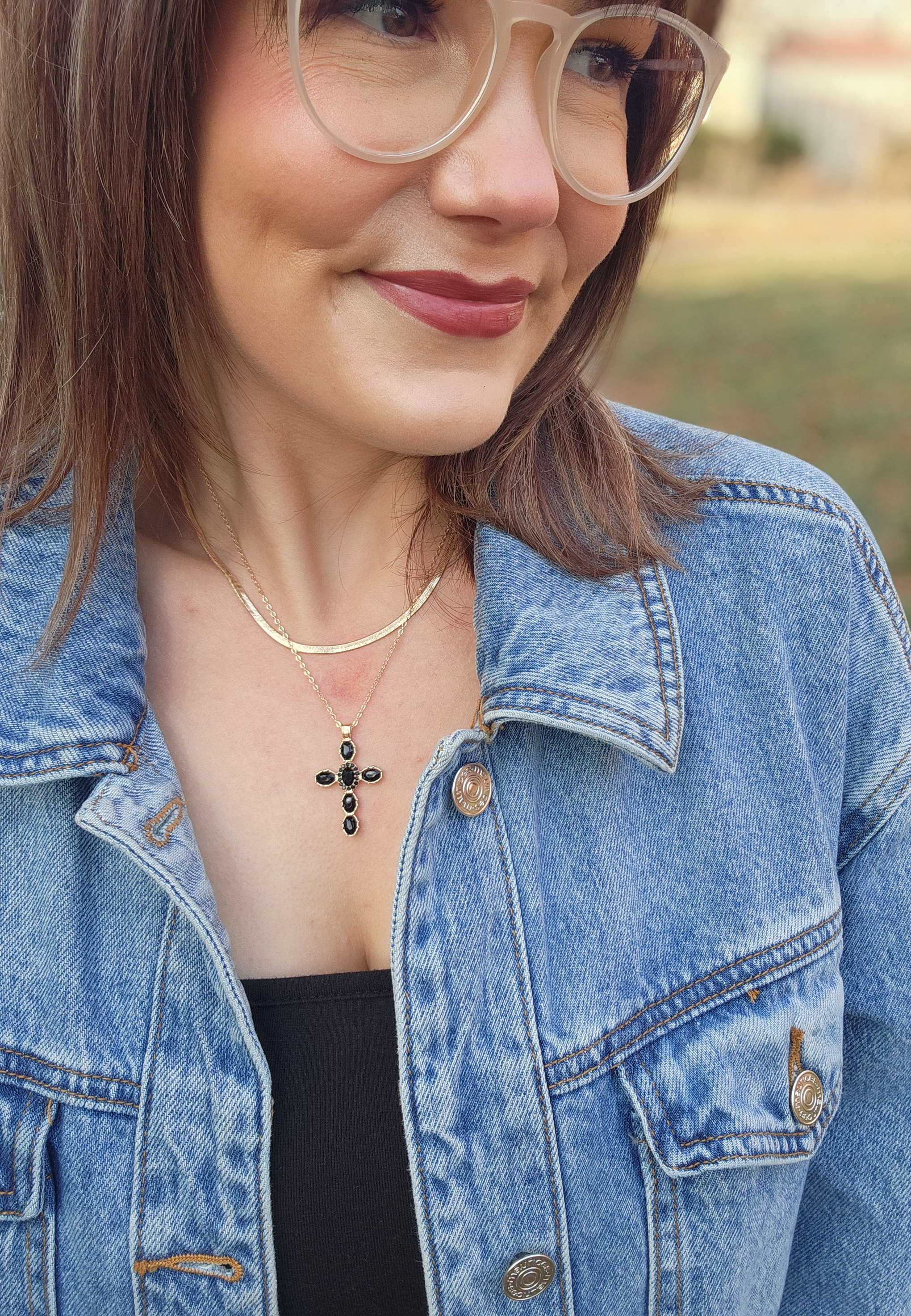 Black Stone Cross Pendant Necklace, C2703, large