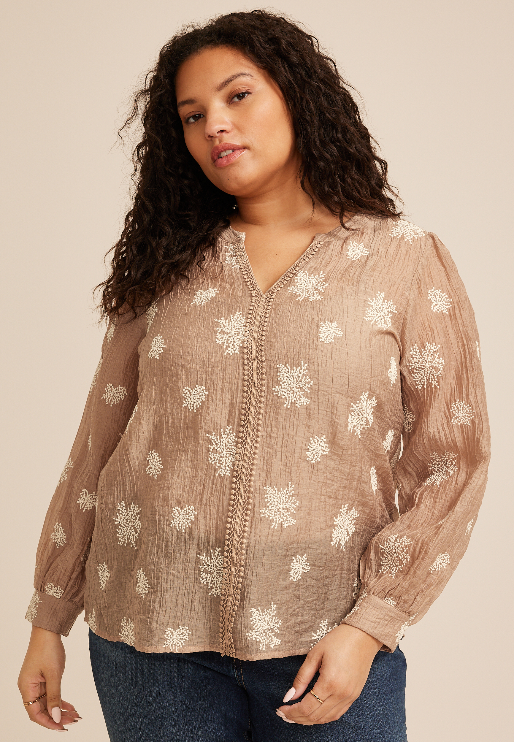 Plus Size Sheer Floral Embroidered Blouse