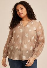 Plus Size Sheer Floral Embroidered Blouse, C574, small