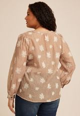 Plus Size Sheer Floral Embroidered Blouse, C574, small