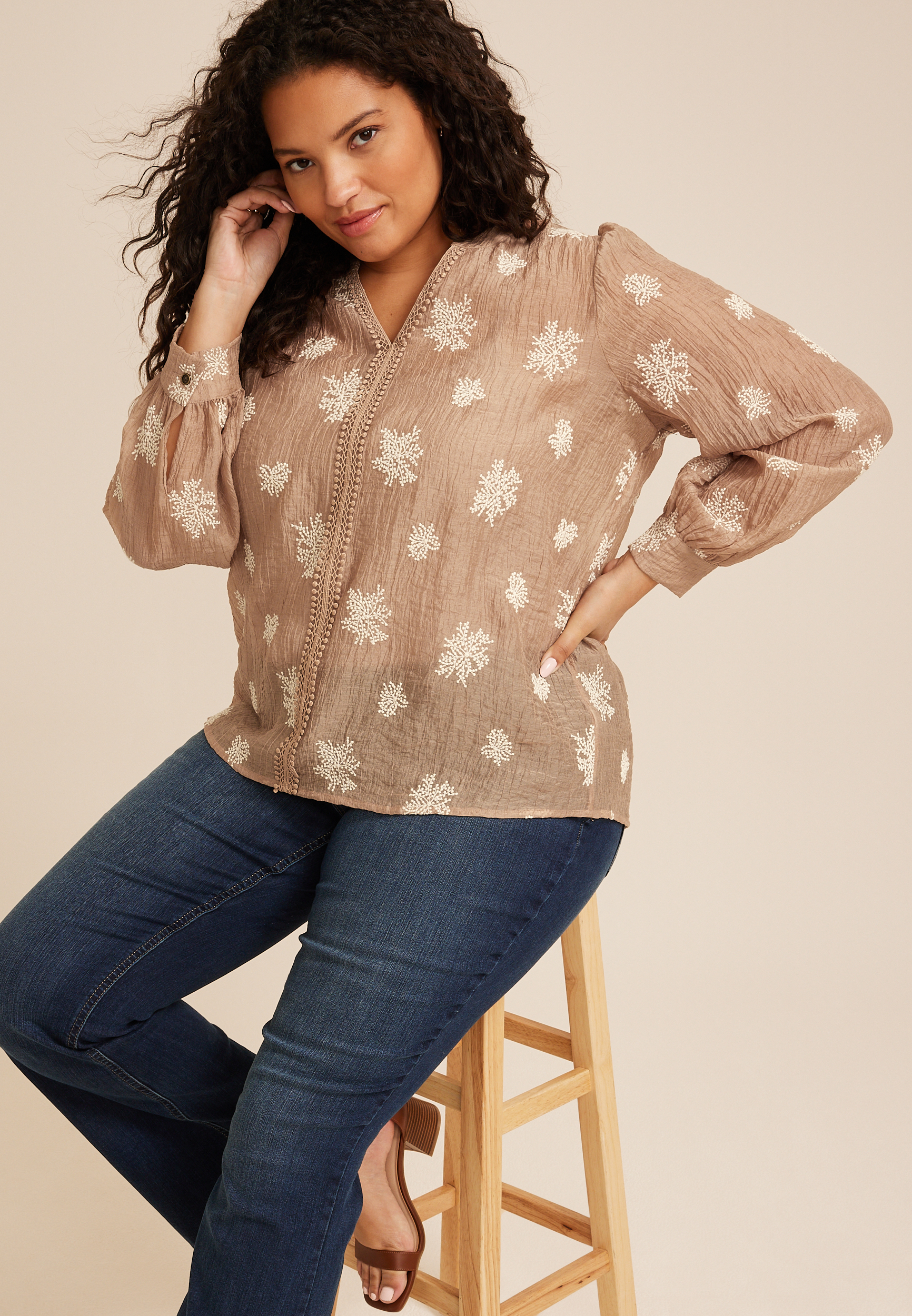 Plus Size Sheer Floral Embroidered Blouse, C574, large