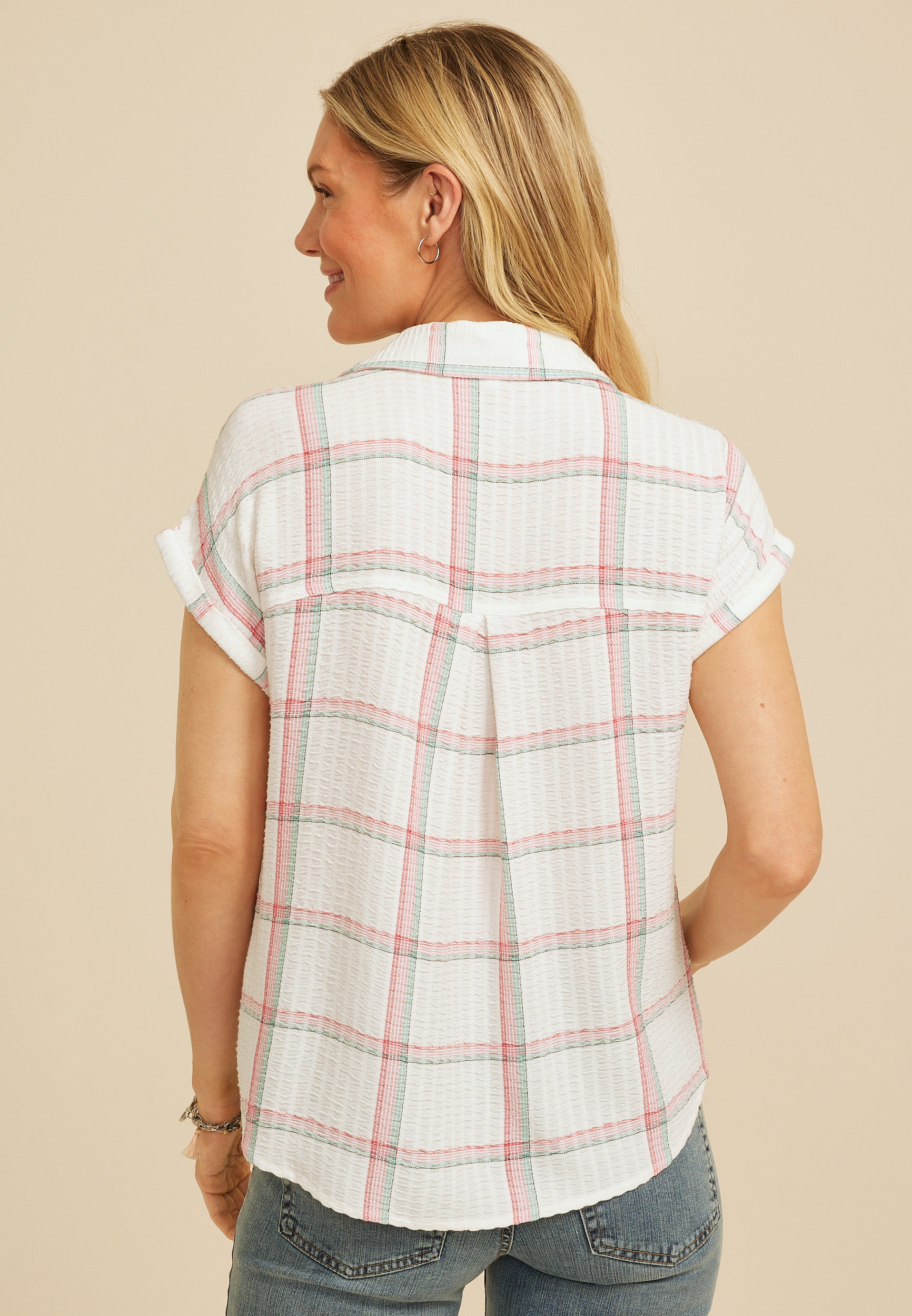 Pucker Plaid Dolman Button Down Shirt, CREAM COMBO, large