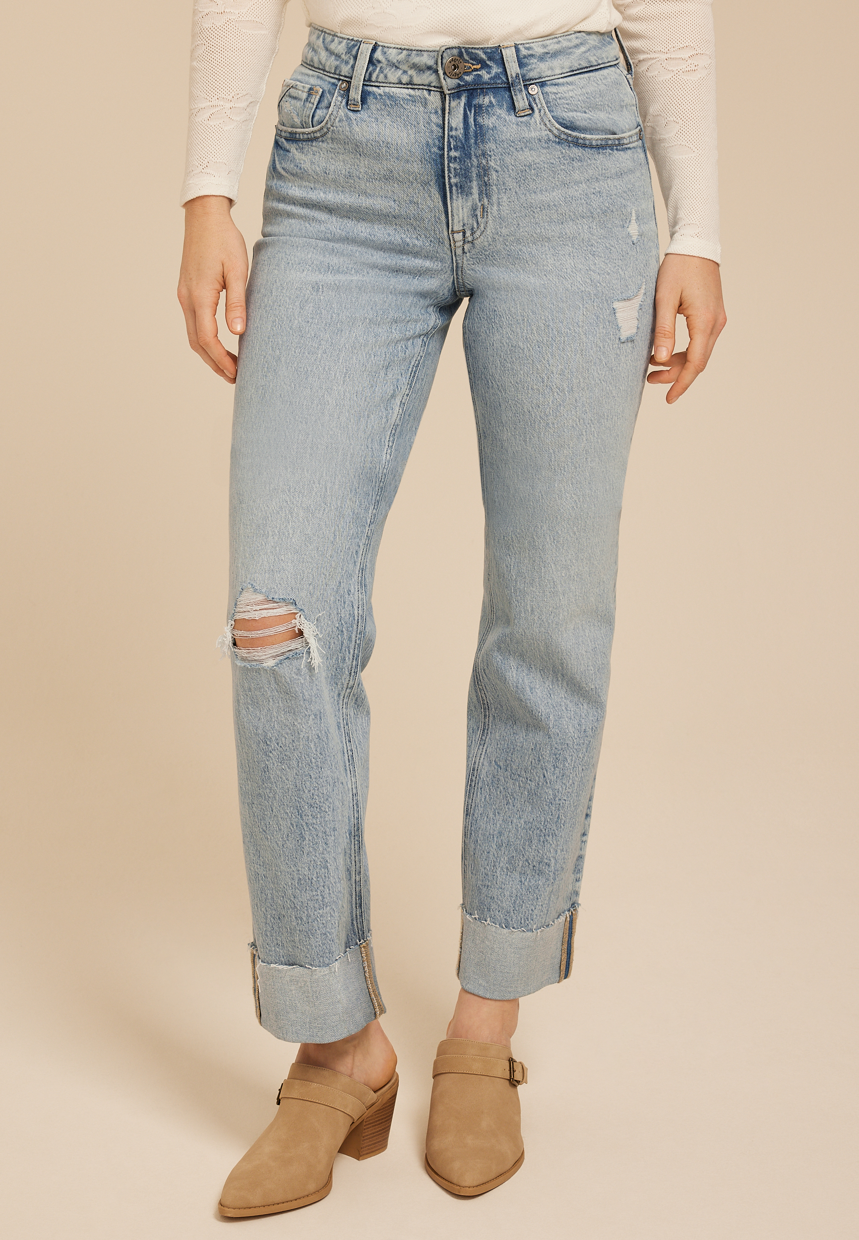 edgely&trade; High Rise Raw Cuff Hem Relaxed Straight Jean