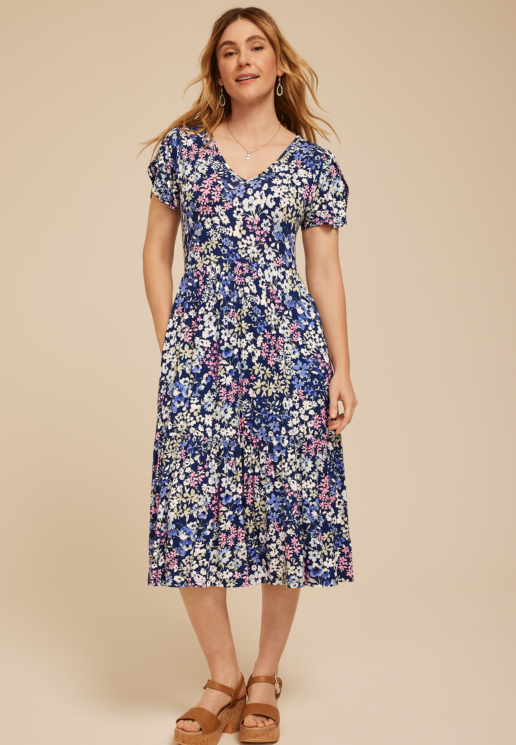 24/7 Floral Tulip Sleeve Midi Dress