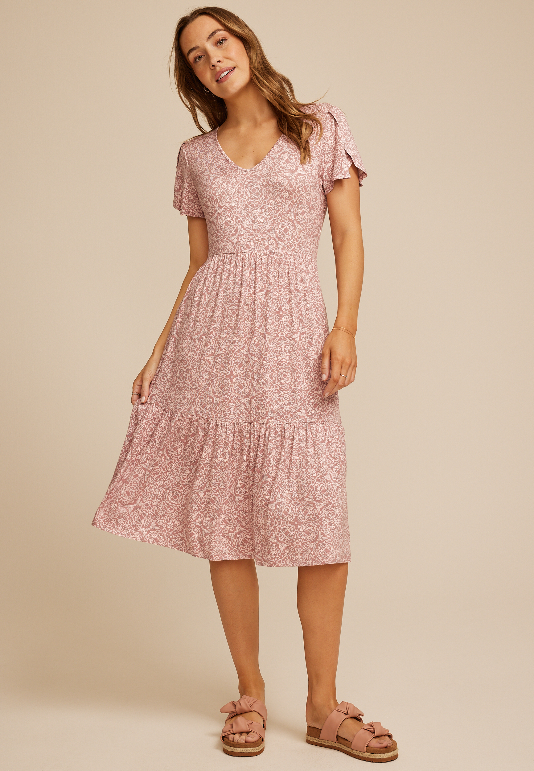 24/7 Floral Tulip Sleeve Midi Dress