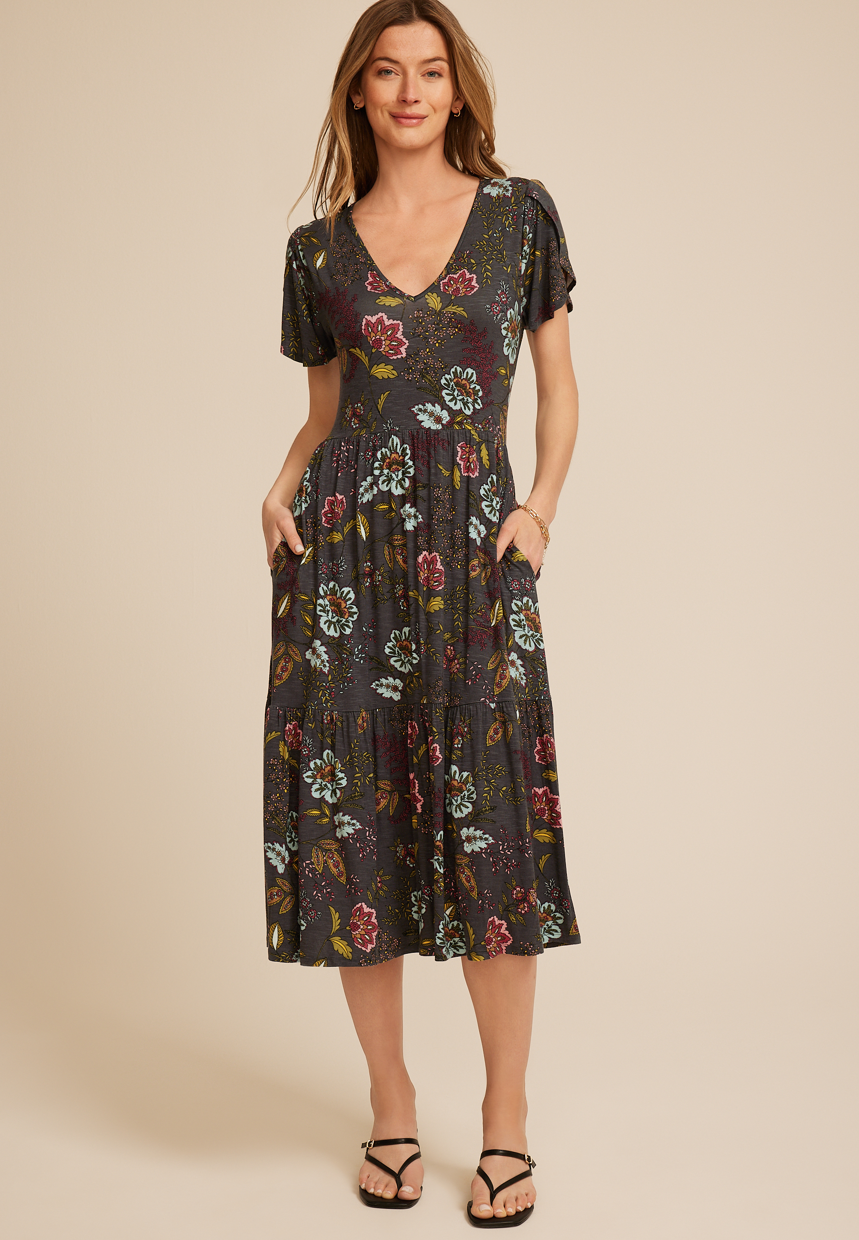 24/7 Floral Tulip Sleeve Midi Dress