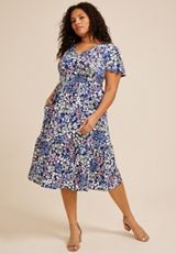 Plus Size 24/7 Floral Tulip Sleeve Midi Dress, BLUE DEPTHS COMBO, small