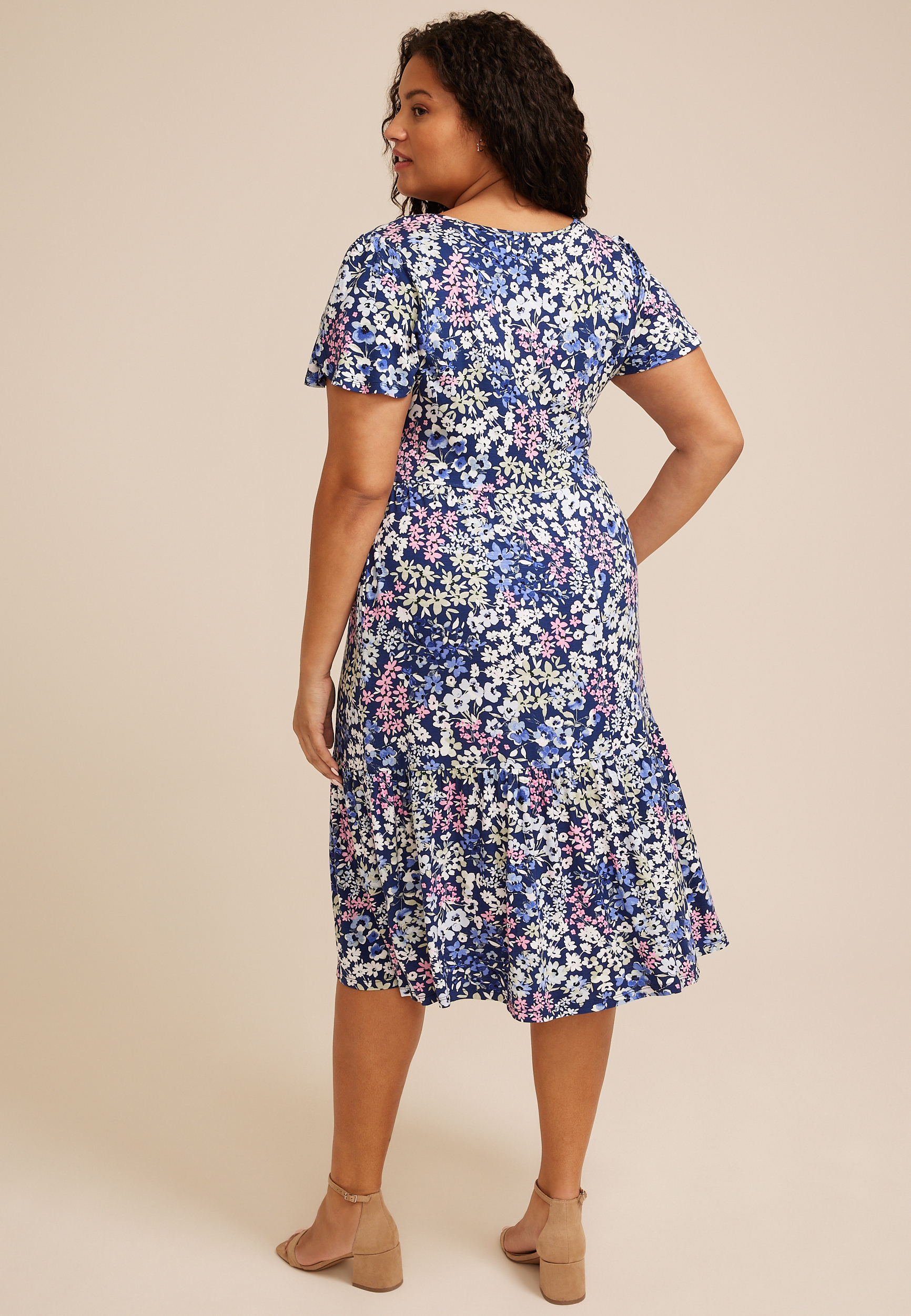 Plus Size 24/7 Floral Tulip Sleeve Midi Dress, BLUE DEPTHS COMBO, large