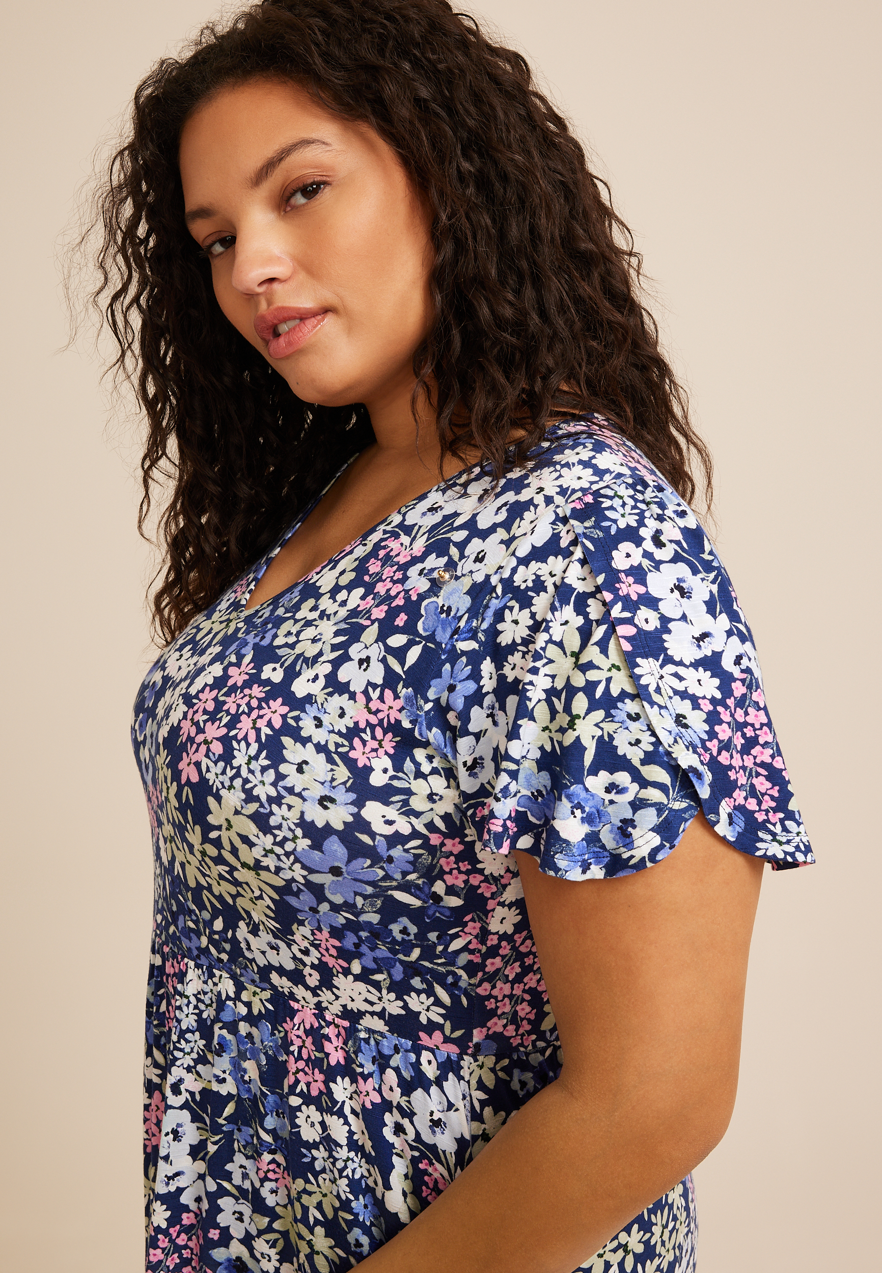 Plus Size 24/7 Floral Tulip Sleeve Midi Dress, BLUE DEPTHS COMBO, large