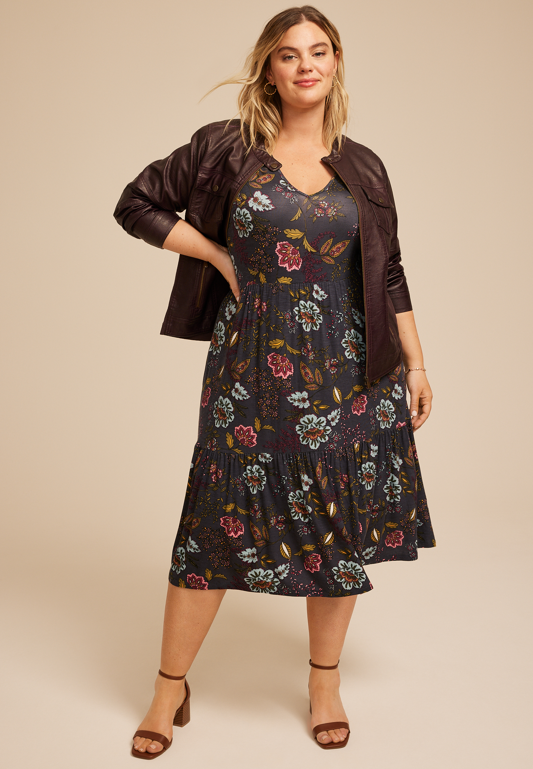 Plus Size 24/7 Floral Tulip Sleeve Midi Dress, C9765, large