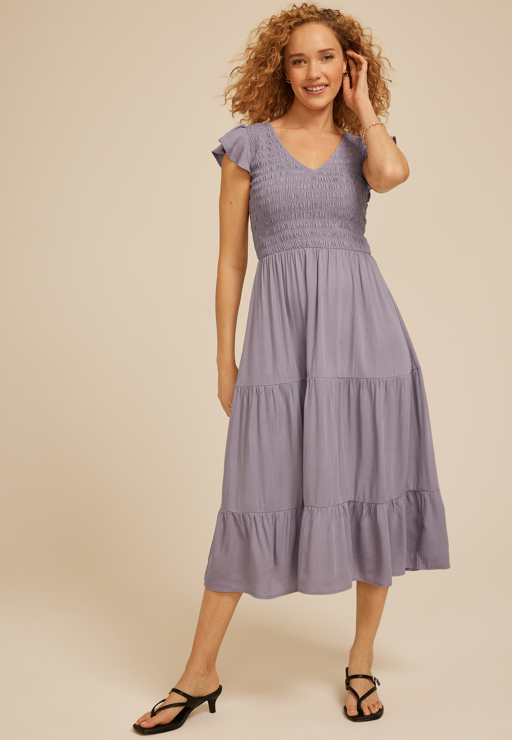 Smocked Flutter Sleeve Midi Dress