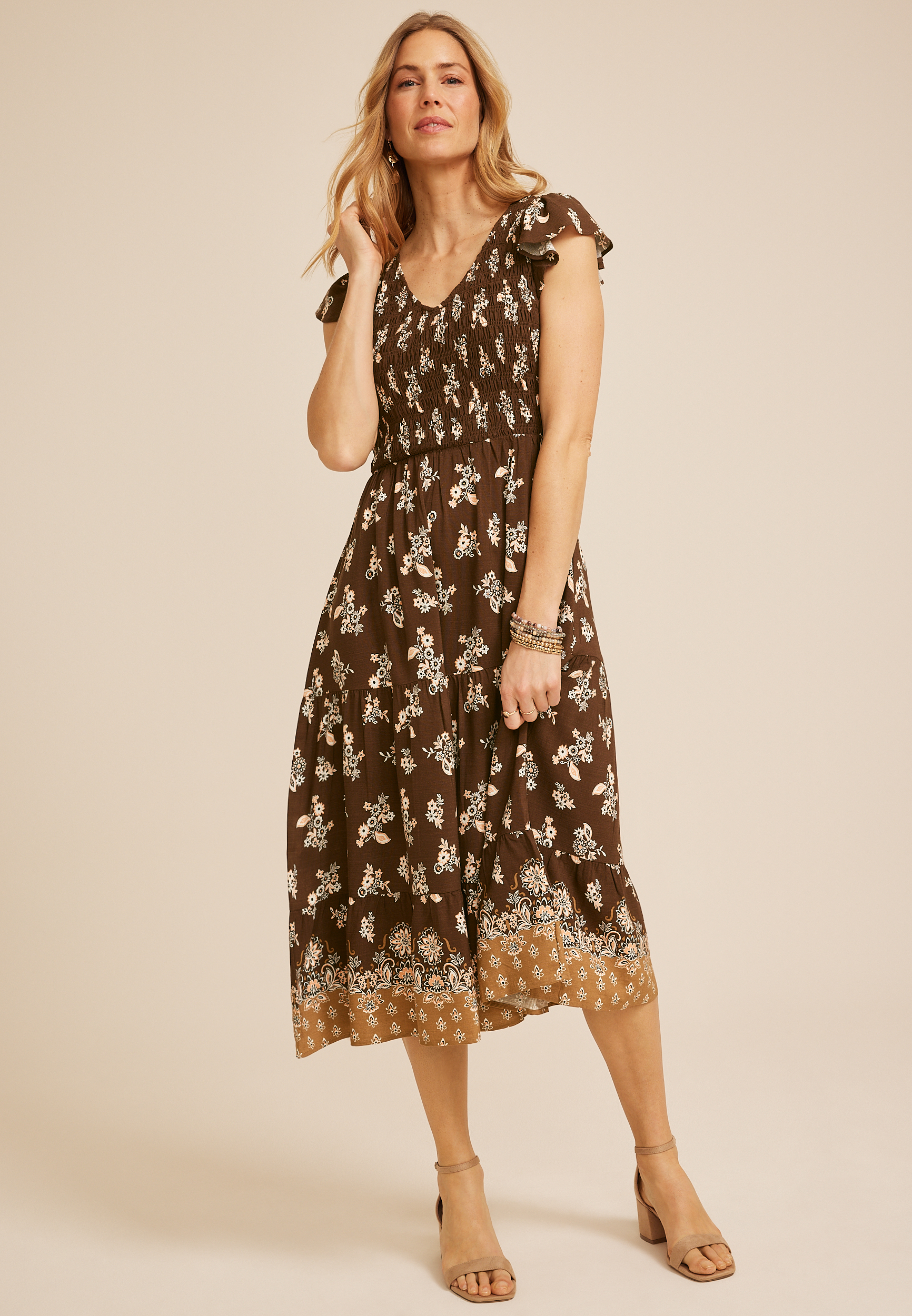 Smocked Flutter Sleeve Midi Dress