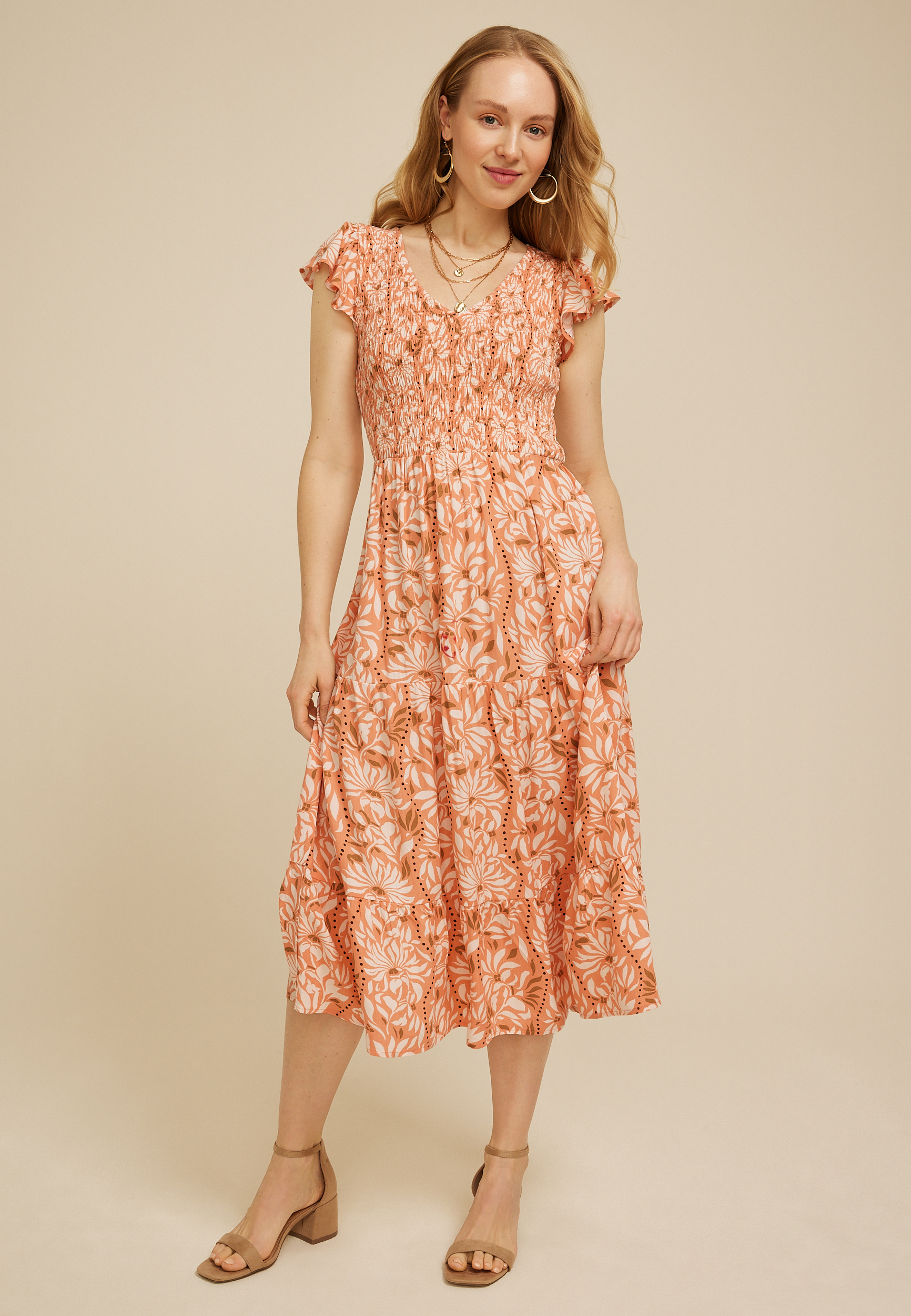 Smocked Flutter Sleeve Midi Dress