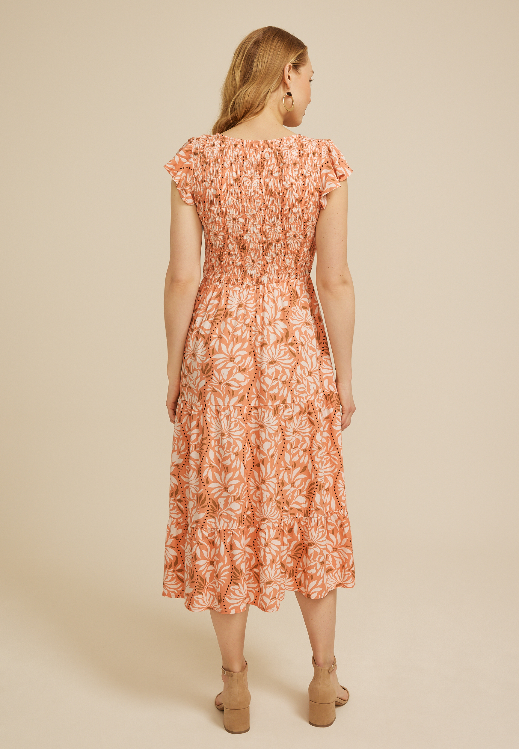 Smocked Flutter Sleeve Midi Dress, C8086, large