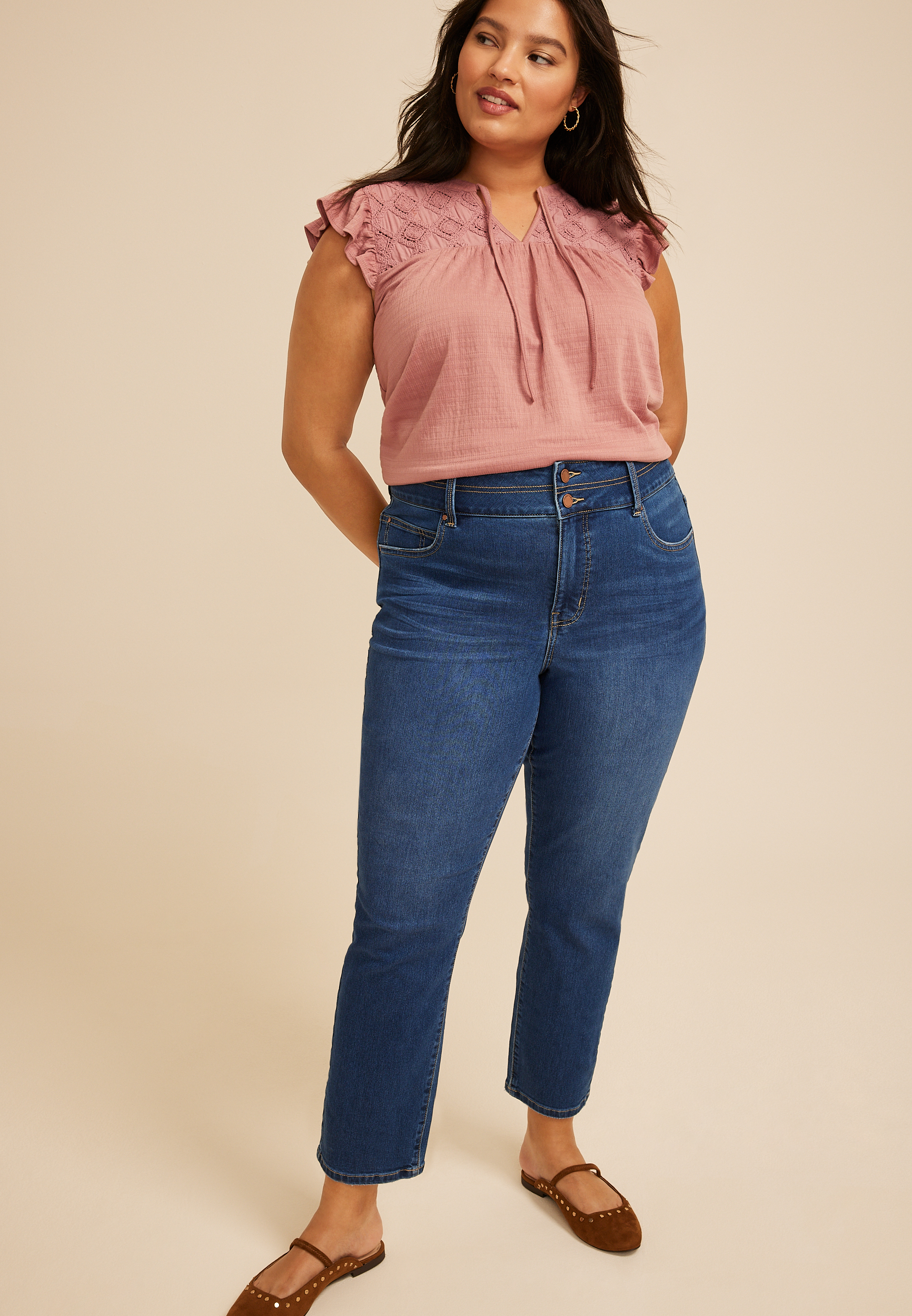 Plus Size Everflex&trade; High Rise Stacked Waist Slim Straight Ankle Jean