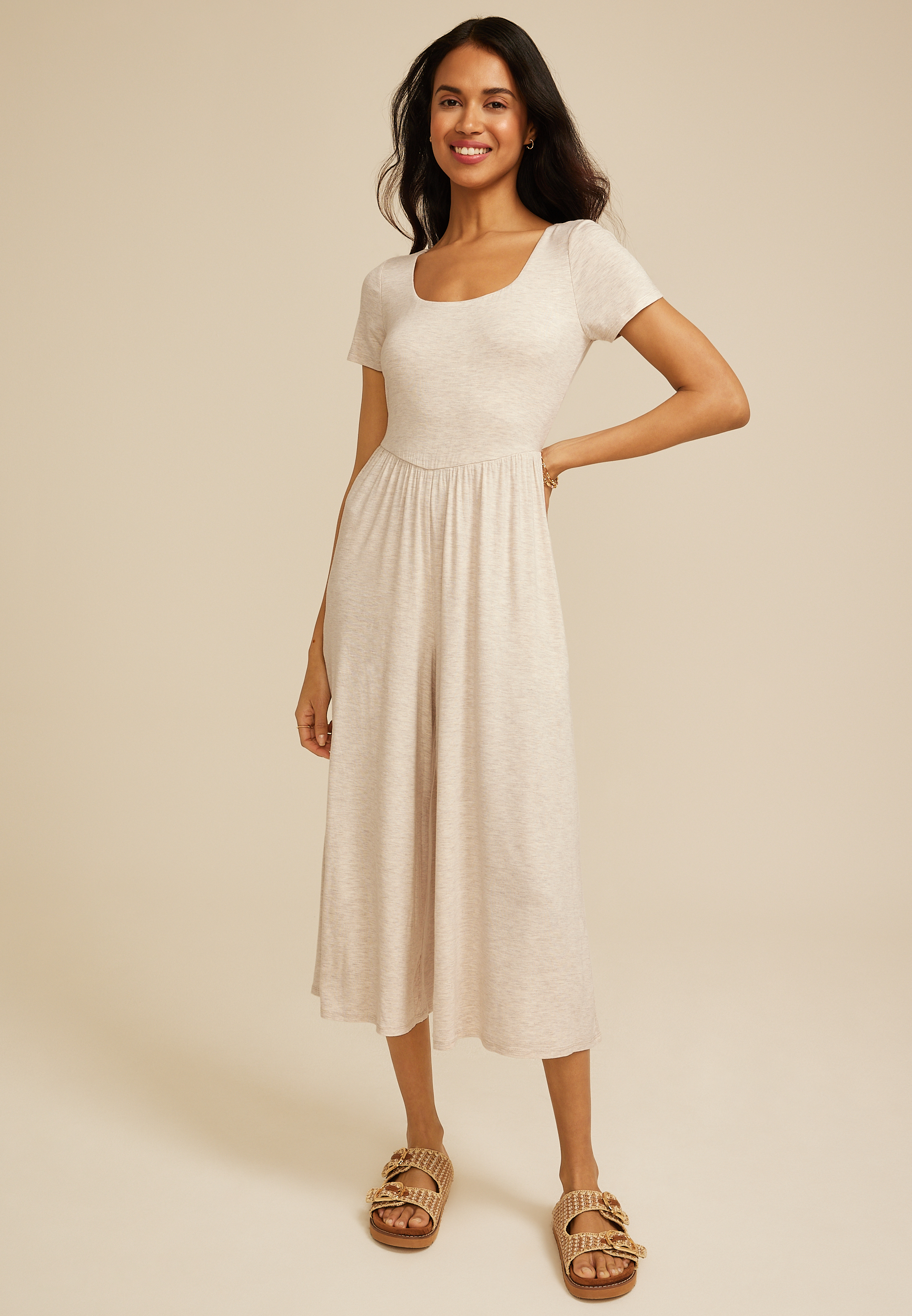 24/7 Heathered Short Sleeve Wide Leg Jumpsuit