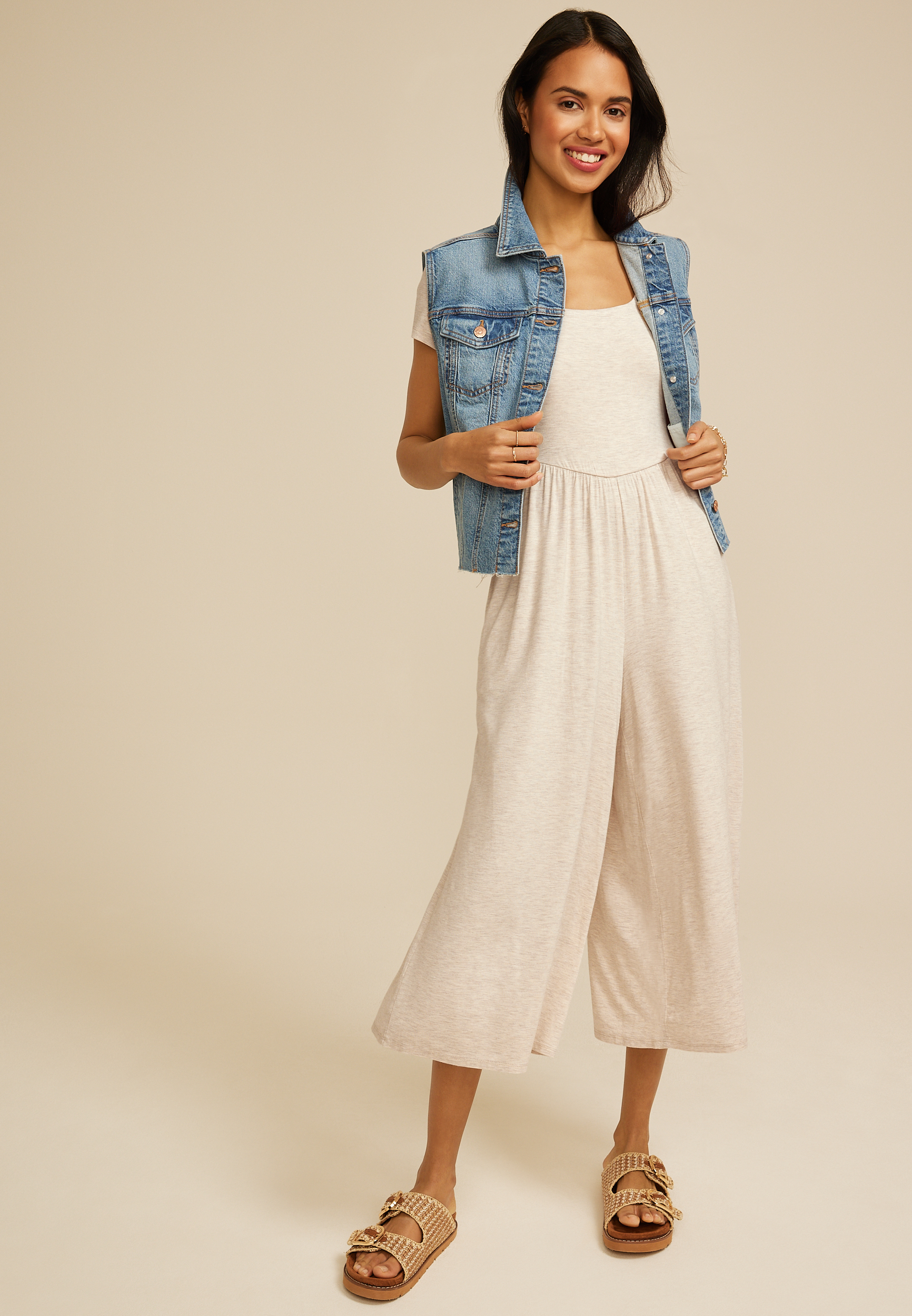 24/7 Heathered Short Sleeve Wide Leg Jumpsuit, OATMEAL HEATHER, large