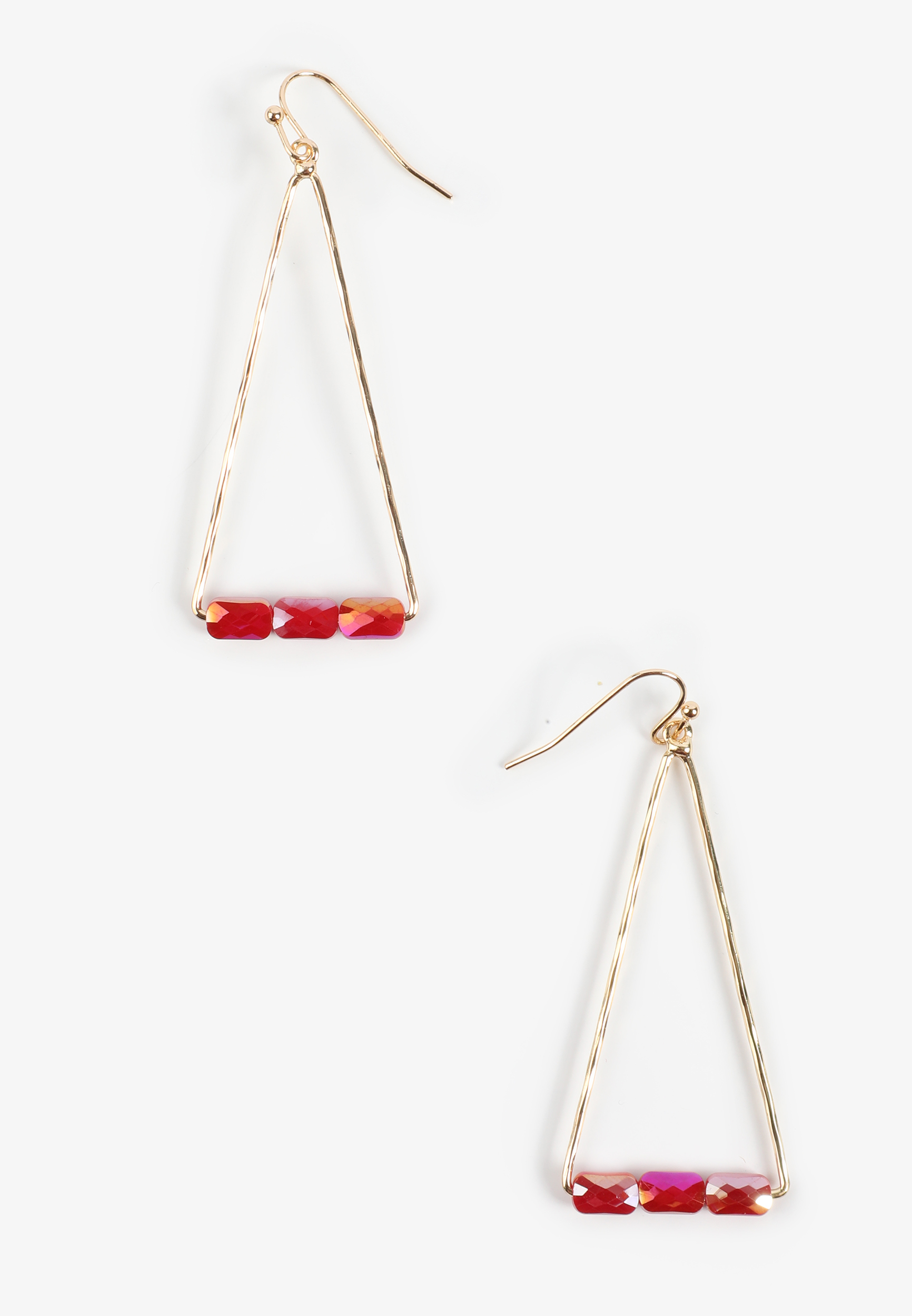 Gold Triangle Red Bead Drop Earrings