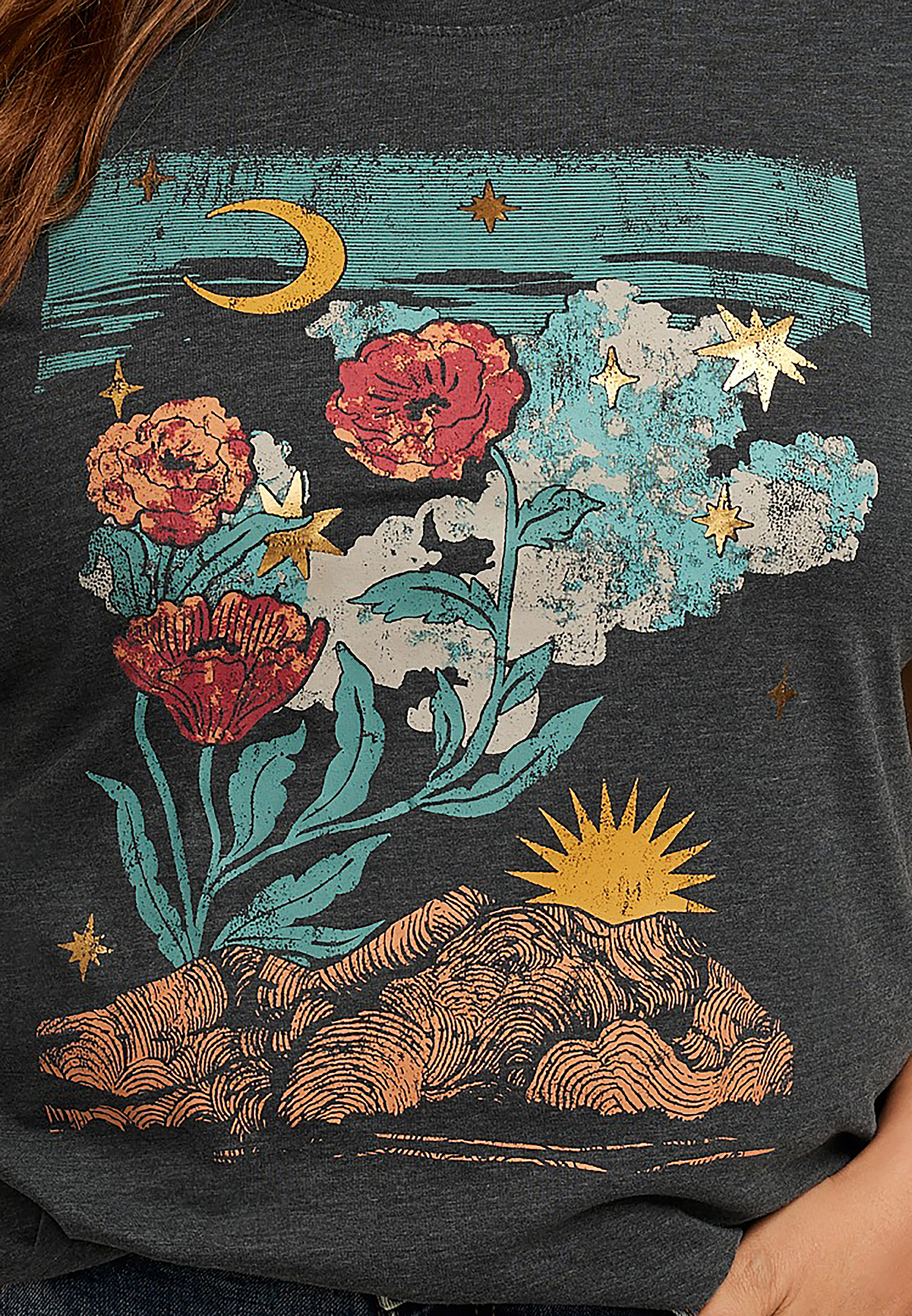 Plus Size Floral Scenery Classic Fit Graphic Tee, CHARCOAL, large