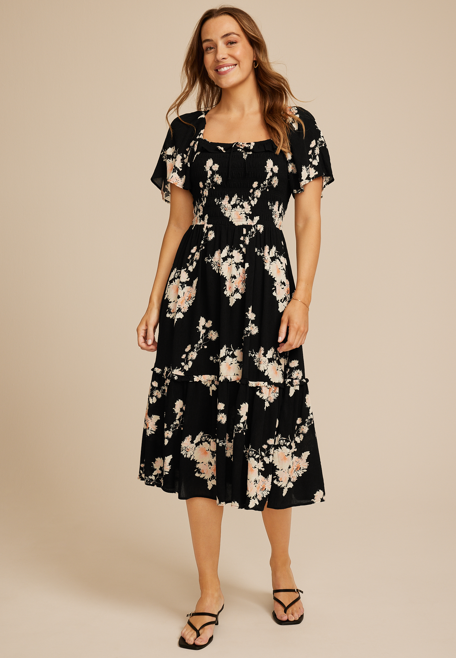 Floral Smocked Flutter Sleeve Midi Dress