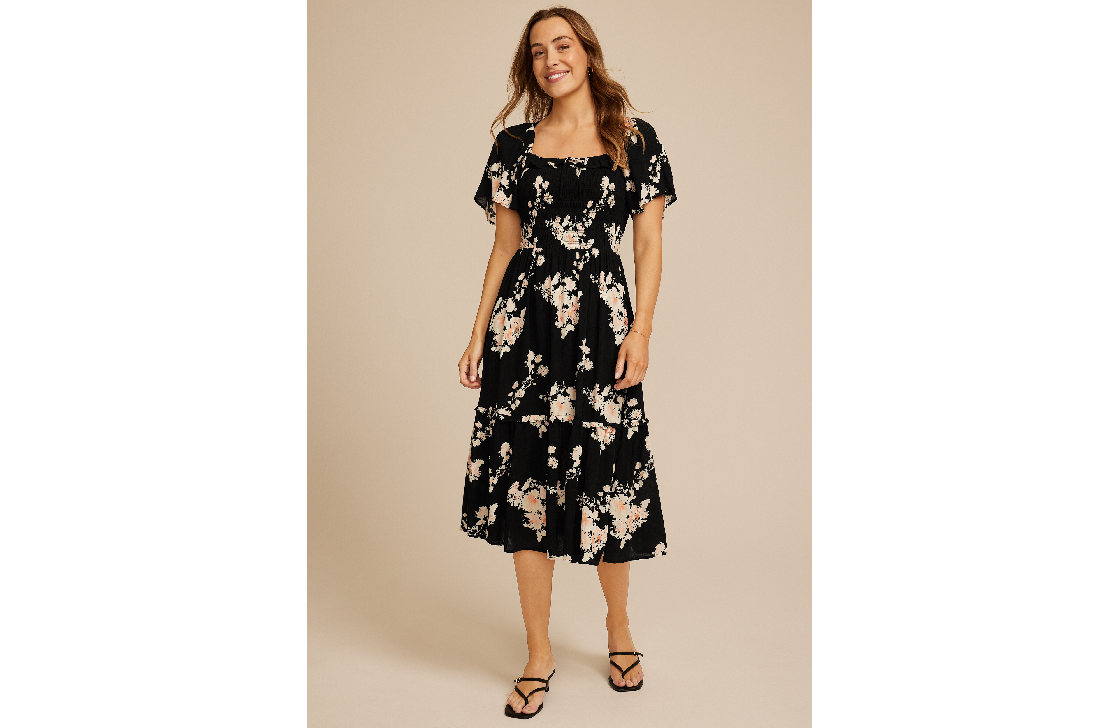 Floral Smocked Flutter Sleeve Midi Dress