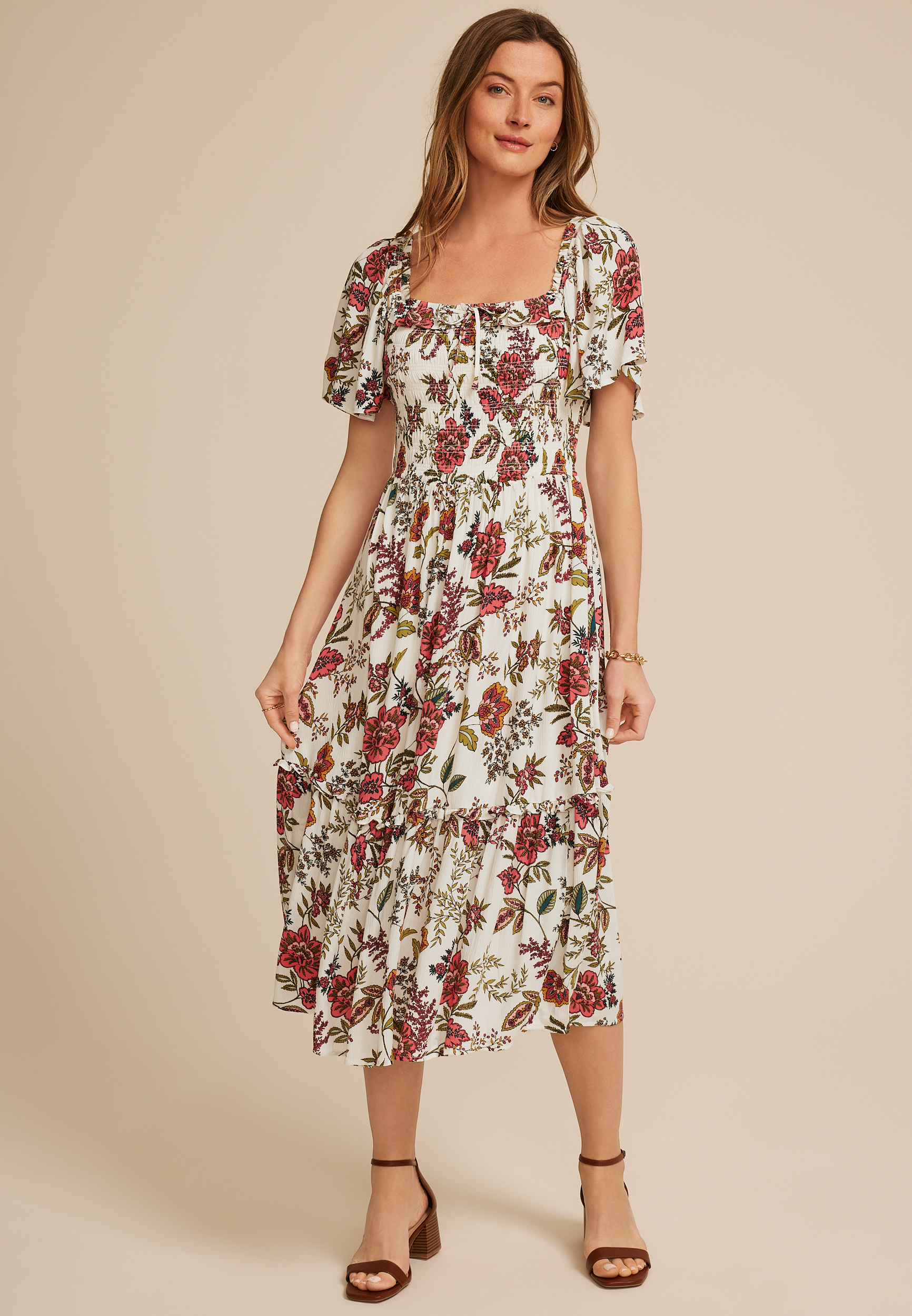 Floral Smocked Flutter Sleeve Midi Dress