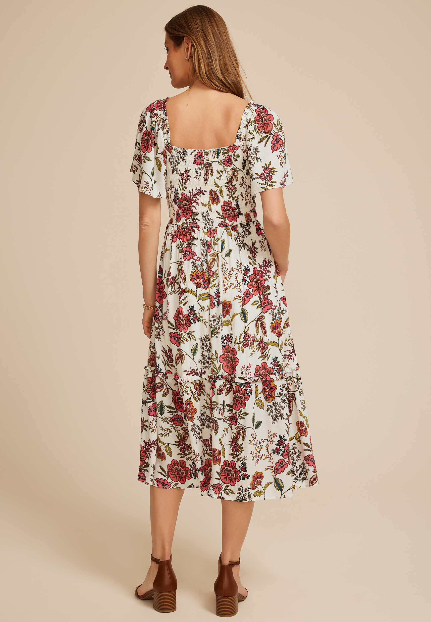 Floral Smocked Flutter Sleeve Midi Dress - thumbnail 5