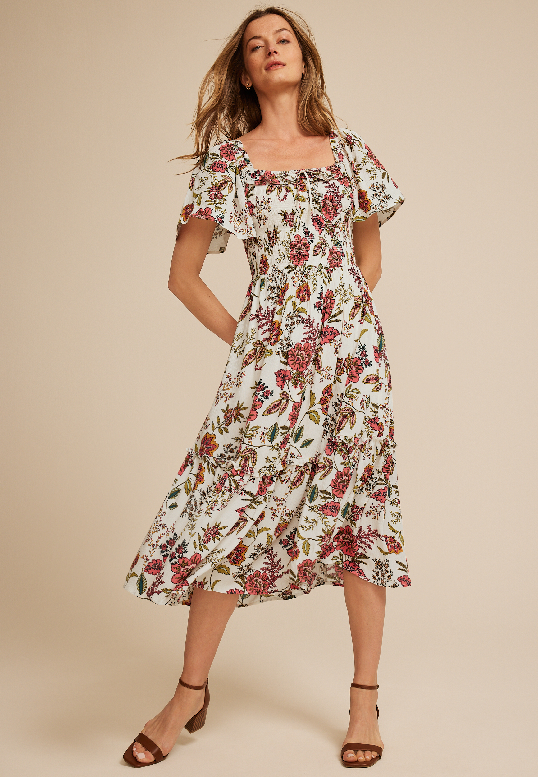floral midi dress reviews Maurices Women's Smocked Flutter Sleeve Beige Size X Large boutique clothing featuring fresh Rihoas Butterfly Sleeve Tie Floral
