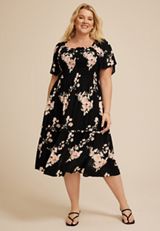 Plus Size Floral Smocked Flutter Sleeve Midi Dress, BLACK COMBO, small