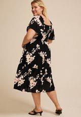 Plus Size Floral Smocked Flutter Sleeve Midi Dress, BLACK COMBO, small